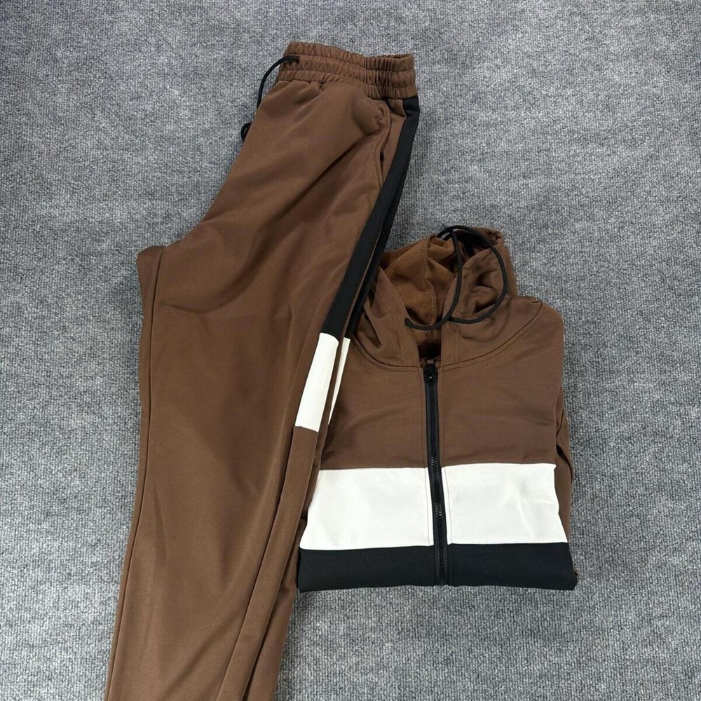 Matching Tracksuit Brown, White, Black Colorblock Zip-Up Hoodie - Coord Set